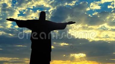 耶稣基督的救赎者雕像剪影在里约热内卢，巴西的<strong>天幕</strong>